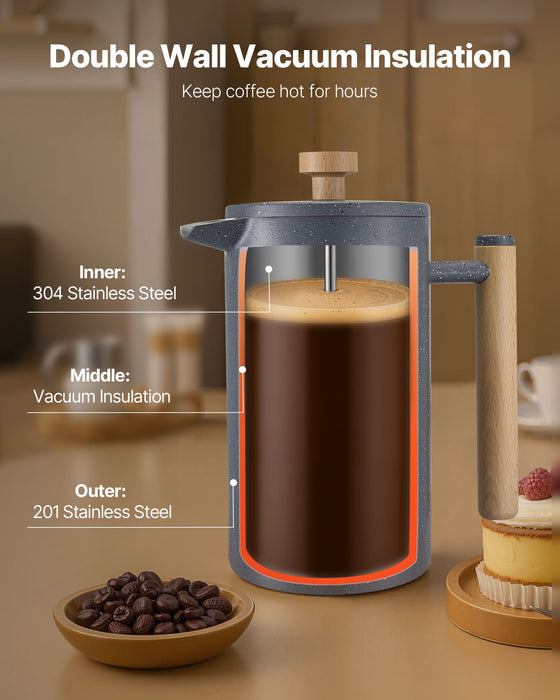 VEVOR French Press Coffee Maker, 1 Liter Stainless Steel Coffee Press Tea Maker with Filter, Large Double Wall Insulated French Presses Cold Brew for Camping Travel Home Kitchen, Black
