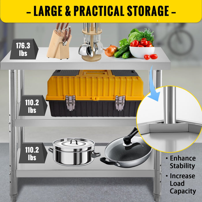 VEVOR Stainless Steel Prep Table, 1520x450x855 mm Commercial Stainless Steel Table, 2 Adjustable Undershelf BBQ Prep Table, Heavy Duty Kitchen Work Table, for Garage, Home, Warehouse, Kitchen Silver