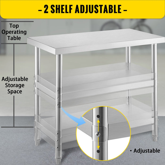 VEVOR Stainless Steel Prep Table, 1520x450x855 mm Commercial Stainless Steel Table, 2 Adjustable Undershelf BBQ Prep Table, Heavy Duty Kitchen Work Table, for Garage, Home, Warehouse, Kitchen Silver