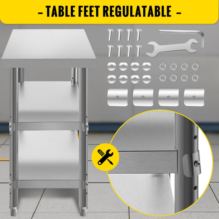VEVOR Stainless Steel Prep Table, 1520x450x855 mm Commercial Stainless Steel Table, 2 Adjustable Undershelf BBQ Prep Table, Heavy Duty Kitchen Work Table, for Garage, Home, Warehouse, Kitchen Silver