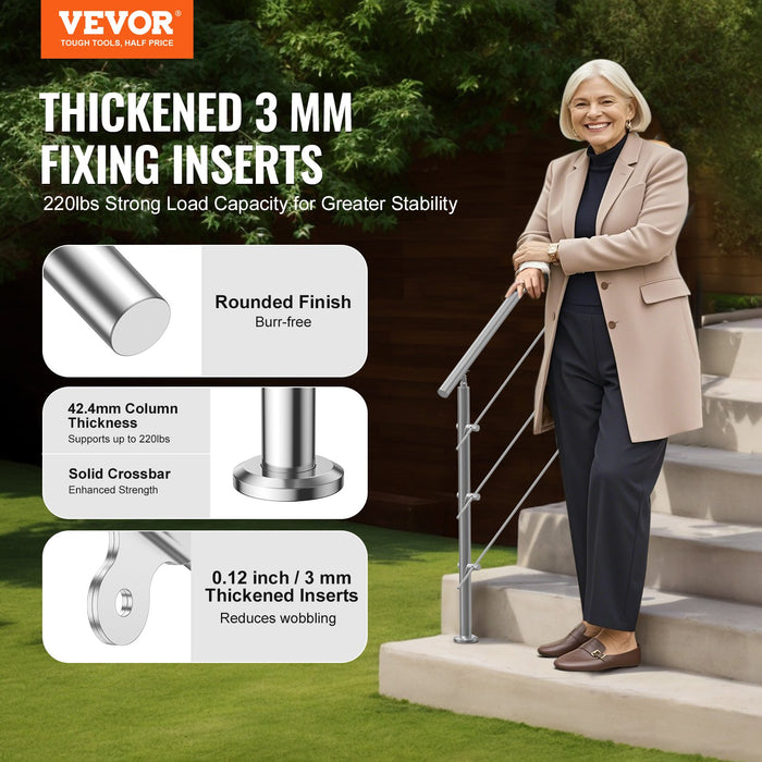 VEVOR Handrails for Outdoor Steps, 59 in Length 3 Crossbars Stair Hand Rail Kit, Transitional Stainless Steel Railings w/ Installation Kit, Double-column Staircase Handrails for Seniors,Porch & Deck