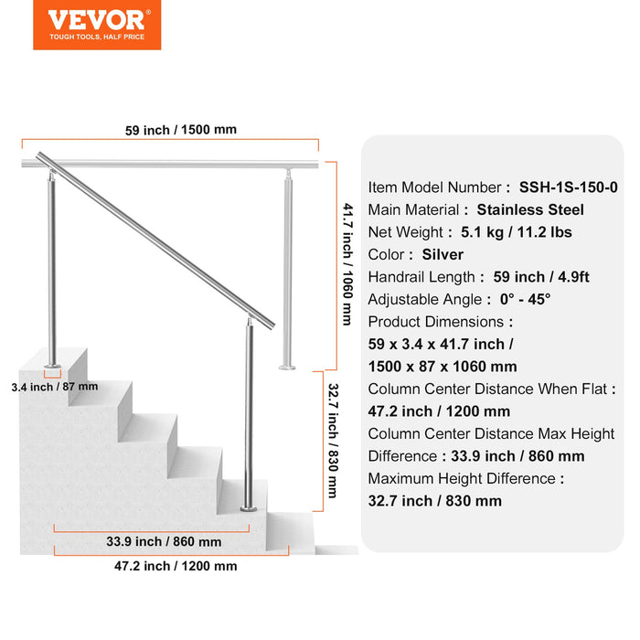 VEVOR Handrails for Outdoor Steps, 59 in/ 150cm Length Stair Hand Rail Kit, Transitional Stainless Steel Railings with Installation Kit, Double-column Staircase Handrails for Seniors,Porch & Deck