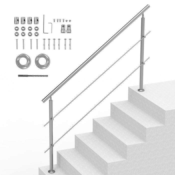 VEVOR Handrails for Outdoor Steps, 70.9in Length 2 Crossbars Stair Hand Rail Kit, Transitional Stainless Steel Railings w/ Installation Kit, Double-column Staircase Handrails for Seniors,Porch & Deck