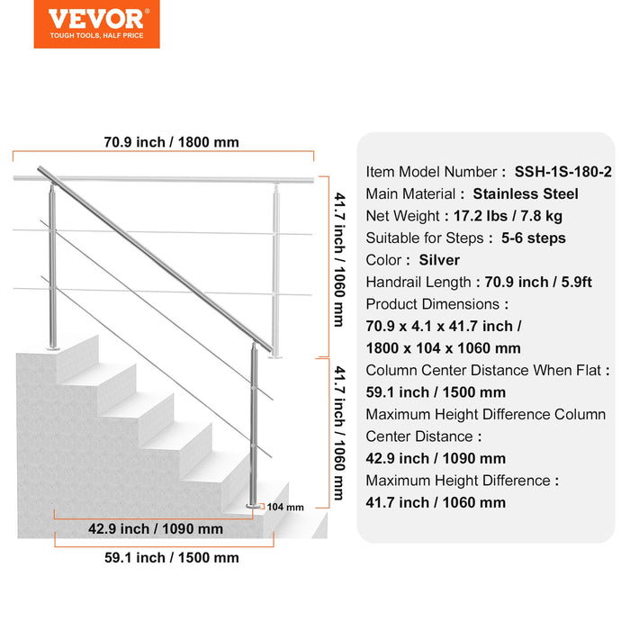 VEVOR Handrails for Outdoor Steps, 70.9in Length 2 Crossbars Stair Hand Rail Kit, Transitional Stainless Steel Railings w/ Installation Kit, Double-column Staircase Handrails for Seniors,Porch & Deck