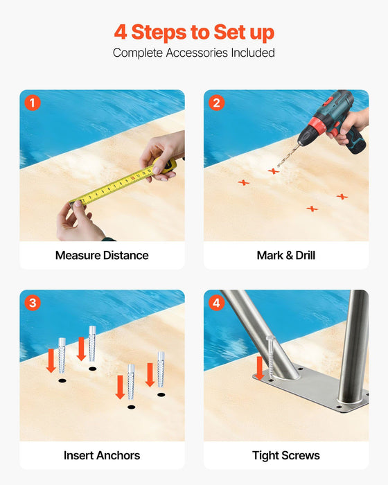 Pool Rail, 122 x 91.5 cm Pool Handrail, 100kg Load Capacity Heavy Duty 304 Stainless Steel Swimming Handrail, Detachable Nonslip Sleeve, Rich Accessories, for Poolside, Water Parks, Spa Centers