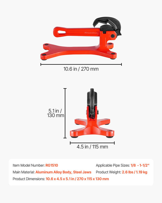 VEVOR Portable Pipe Vise, Lightweight Aluminum Pipe Vise with 1/8" to 1-1/2"  Clamping Capacity, Ideal for Onsite Plumbing Installation, Repair, and Maintenance