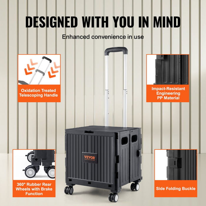VEVOR Foldable Utility Cart, 50 kg Load Capacity, Folding Portable Rolling Crate Handcart with Heavy Duty Telescoping Handle and 4 Rotate Wheels for Travel Shopping Moving Luggage Office Use, Black