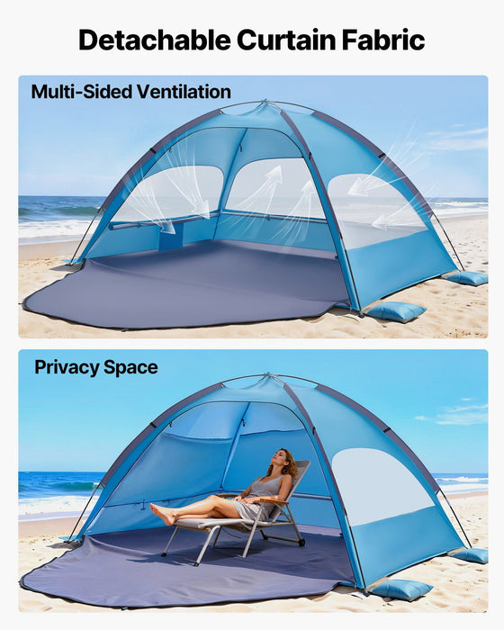 Beach Tent Sun Shelter for 4 Person, UPF 50+ Protection, Portable Sun Shade Canopy with Carrying Bag & Sand Pockets, Lightweight and Easy Setup Beach Umbrella for Camping Fishing Outdoor Picnic