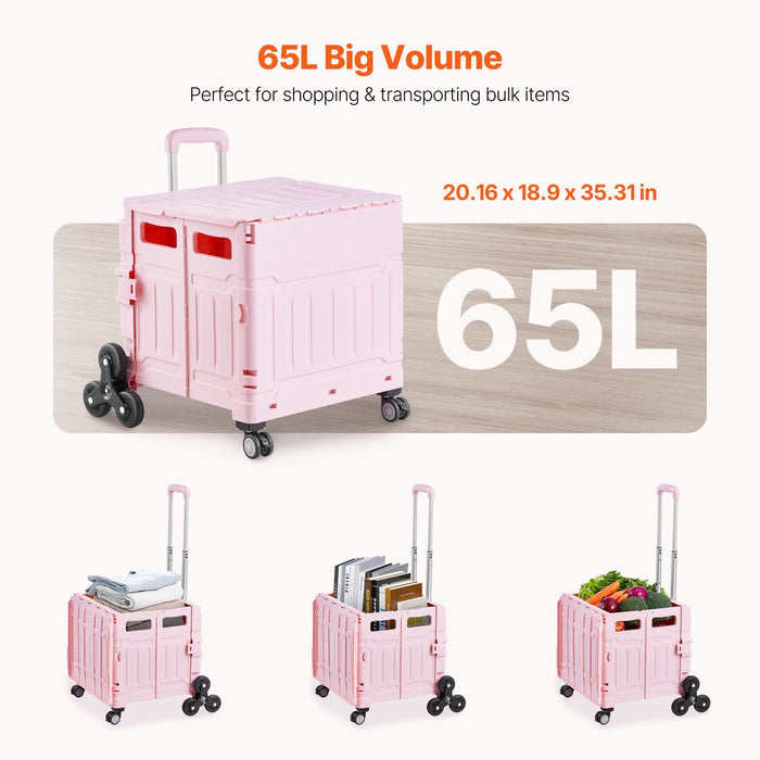 Foldable Utility Cart, 65L Collapsible Portable Crate Rolling Cart with Stair Climbing Wheels & 360° Swivel Wheels, Hand Cart with Telescoping Handle for Shopping Office Moving Teacher, Pink