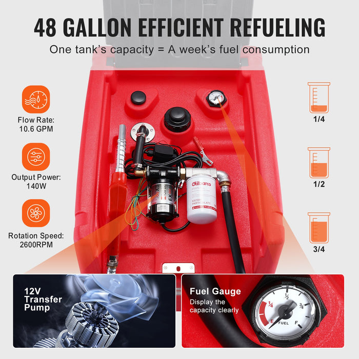 VEVOR Portable Diesel & Gasoline Tank, 182L, 10.6 GPM Flow Rate, Diesel Fuel Tank with Electric Transfer Pump, 4 m Hose, Auto Fueling Nozzle, Diesel Transfer Tank for Easy Fuel Transportation, Red