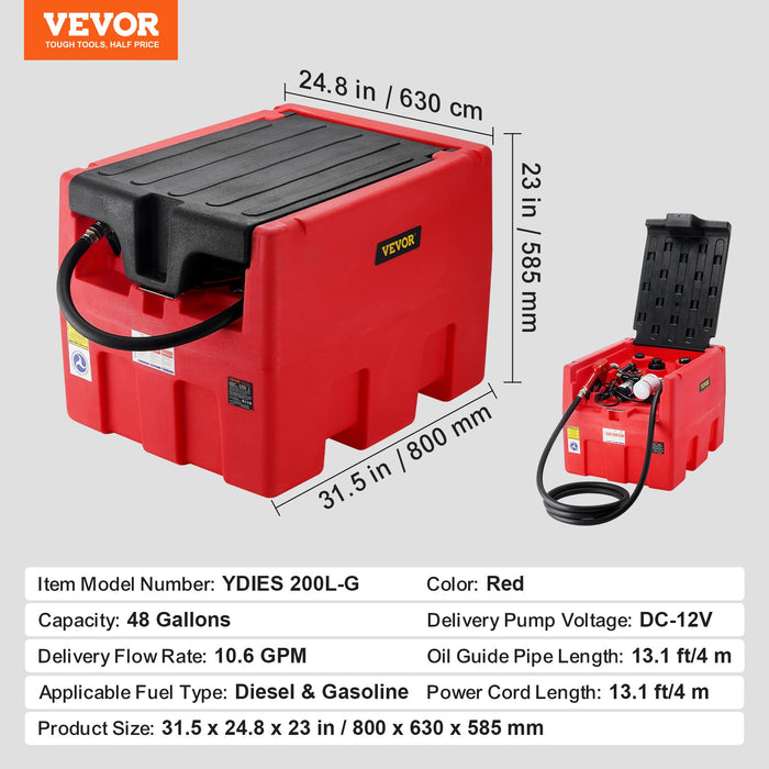VEVOR Portable Diesel & Gasoline Tank, 182L, 10.6 GPM Flow Rate, Diesel Fuel Tank with Electric Transfer Pump, 4 m Hose, Auto Fueling Nozzle, Diesel Transfer Tank for Easy Fuel Transportation, Red