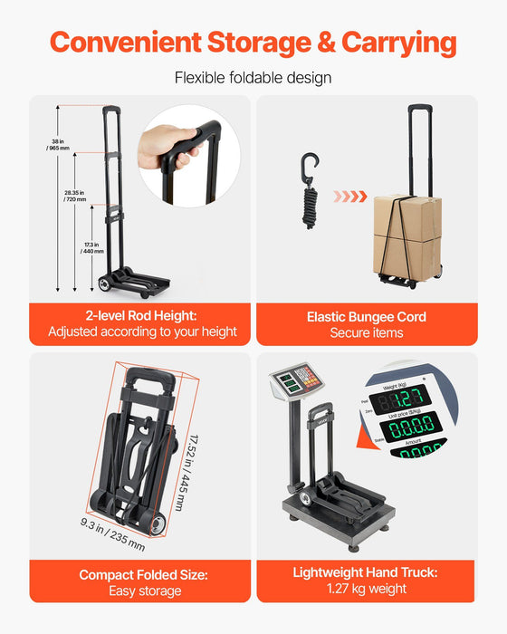 Folding Hand Truck, 49.9 kg Load Capacity, Collapsible Luggage Cart with 2 Wheels & 1 Elastic Rope, Utility Dolly Platform Cart for Airport Travel Furniture Luggage Office Moving, Black