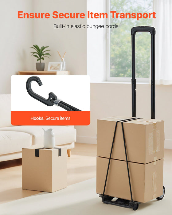 Folding Hand Truck, 49.9 kg Load Capacity, Collapsible Luggage Cart with 2 Wheels & 1 Elastic Rope, Utility Dolly Platform Cart for Airport Travel Furniture Luggage Office Moving, Black