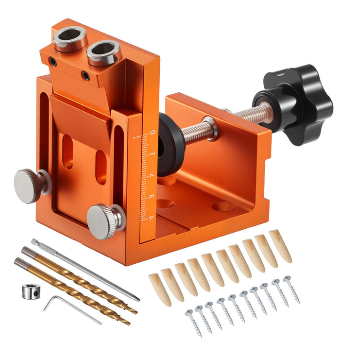 VEVOR Pocket Hole Jig Kit, 12 mm to 48 mm Adjustable, Jig Pocket Hole System with Step Drill, Hex Wrench, Drill Stop Ring, Square Drive Bit, Plugs and Screws, Reinforced Metal Frame, for Woodworking