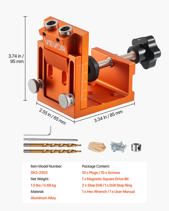 VEVOR Pocket Hole Jig Kit, 12 mm to 48 mm Adjustable, Jig Pocket Hole System with Step Drill, Hex Wrench, Drill Stop Ring, Square Drive Bit, Plugs and Screws, Reinforced Metal Frame, for Woodworking