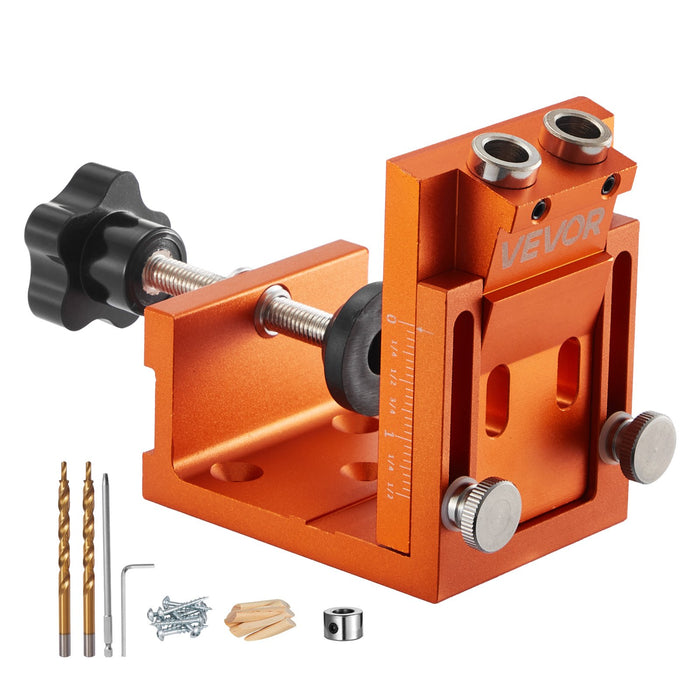 VEVOR Pocket Hole Jig Kit, 12 mm to 48 mm Adjustable, Jig Pocket Hole System with Step Drill, Hex Wrench, Drill Stop Ring, Square Drive Bit, Plugs and Screws, Reinforced Metal Frame, for Woodworking