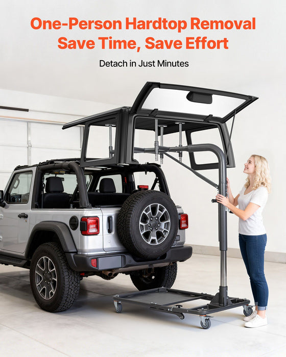 Hard Top Remover Lift, 99.79 kg, Foldable Jeep Hardtop Removal and Storage System, Easy One-Person Operation, Adjustable Height, for Jeep Wrangler YJ, TJ, JK, JL, 4XE, Ford Bronco 4 Door &6 Gen+