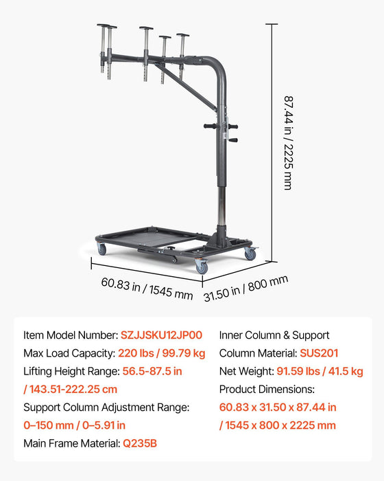 Hard Top Remover Lift, 99.79 kg, Foldable Jeep Hardtop Removal and Storage System, Easy One-Person Operation, Adjustable Height, for Jeep Wrangler YJ, TJ, JK, JL, 4XE, Ford Bronco 4 Door &6 Gen+