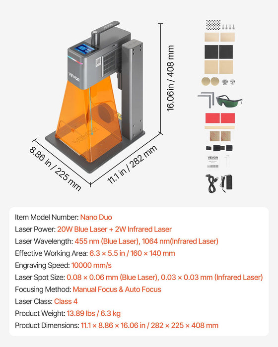 2-in-1 Dual Laser Engraver, 10,000 mm/s High Speed, Portable 20W Blue and 2W IR Laser Engraving Machine, 160 x 140 mm Engraving Area, Manual & Auto Focus, DIY Engraver Tool, for Wood Acrylic