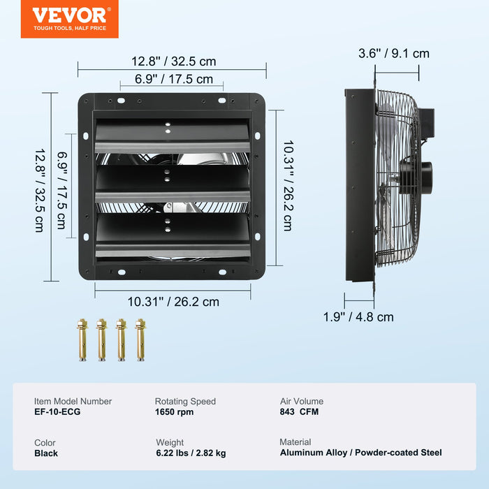 VEVOR Shutter Exhaust Fan, 254mm / 10inch  with Temperature Humidity Controller, EC-motor, 843 CFM, Variable Speed Adjustable Wall Mount Attic Fan, Ventilation and Cooling for Greenhouses, Garages, Sheds