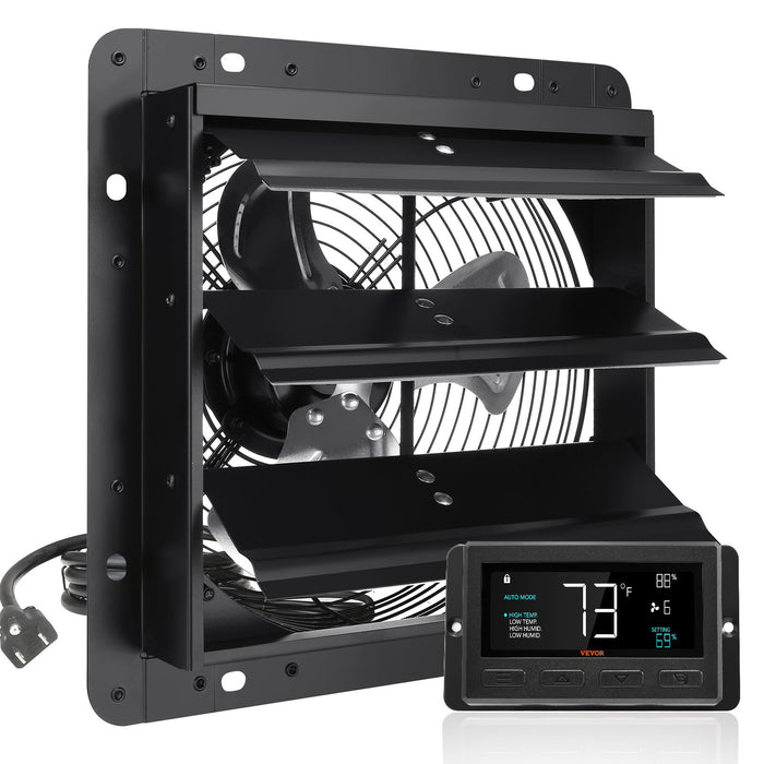 VEVOR Shutter Exhaust Fan, 254mm / 10inch  with Temperature Humidity Controller, EC-motor, 843 CFM, Variable Speed Adjustable Wall Mount Attic Fan, Ventilation and Cooling for Greenhouses, Garages, Sheds