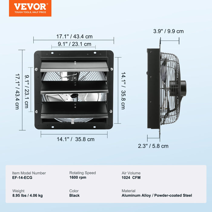 VEVOR Shutter Exhaust Fan, 356 mm / 14inch with Temperature Humidity Controller, EC-motor, 1024 CFM, Variable Speed Adjustable Wall Mount Attic Fan, Ventilation and Cooling for Greenhouses, Garages, Sheds