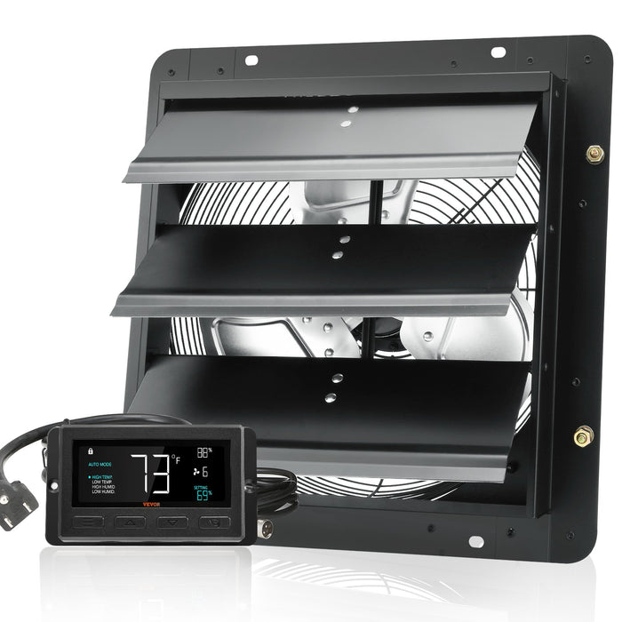 VEVOR Shutter Exhaust Fan, 356 mm / 14inch with Temperature Humidity Controller, EC-motor, 1024 CFM, Variable Speed Adjustable Wall Mount Attic Fan, Ventilation and Cooling for Greenhouses, Garages, Sheds