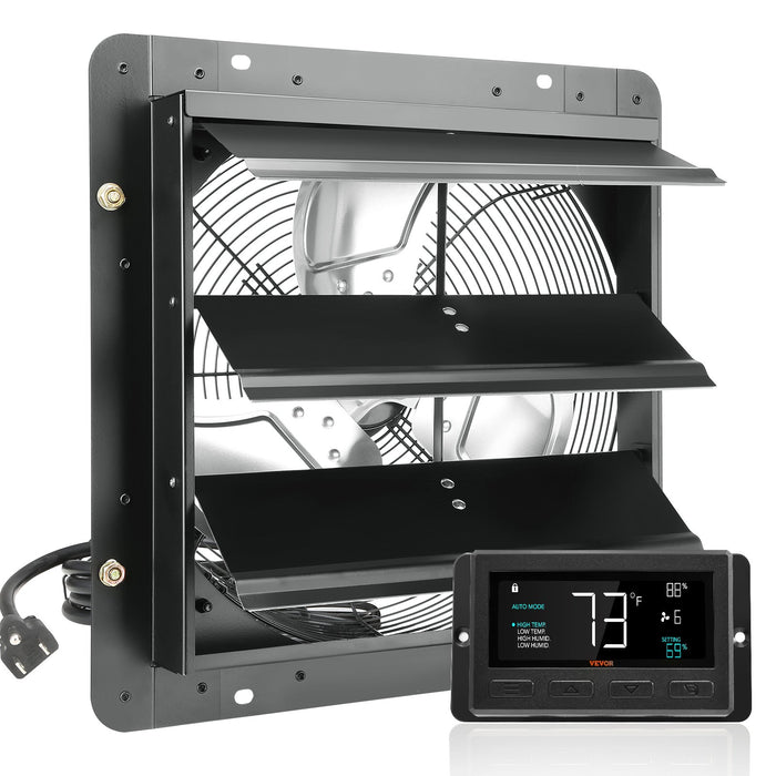 VEVOR Shutter Exhaust Fan, 356 mm / 14inch with Temperature Humidity Controller, EC-motor, 1024 CFM, Variable Speed Adjustable Wall Mount Attic Fan, Ventilation and Cooling for Greenhouses, Garages, Sheds