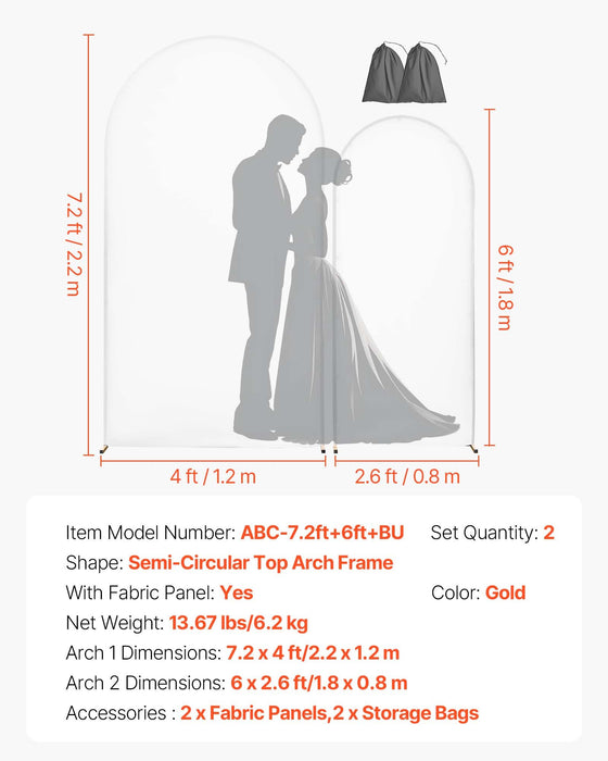 VEVOR Arch Backdrop Stand, Set of 2, 2.2 m and 1.8 m, Stable Structure, Easy Assembly, Gold Metal Arch Backdrop Stand with Cover for Wedding, Birthday Party, Celebration, and Ceremony Decoration