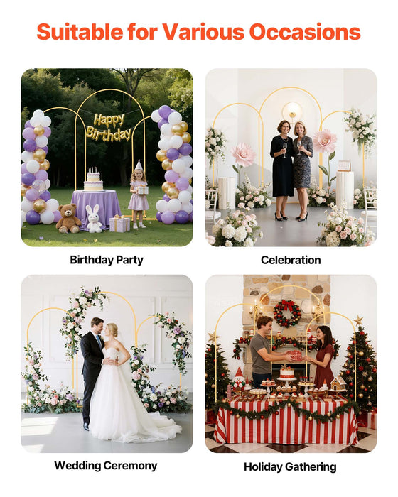 VEVOR Arch Backdrop Stand, Set of 3, 2.2/2/1.8 m , Stable Structure, Easy Assembly, Gold Metal Arch Backdrop Stand for Wedding, Birthday Party, Graduation, Holiday Celebration, and Ceremony Decoration