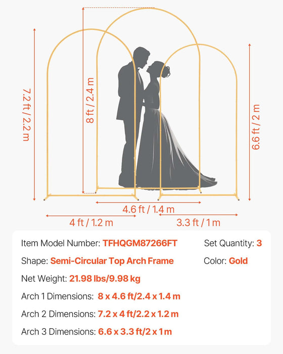 Arch Backdrop Stand, Set of 3, 2.4/2.2/2 m, Stable Structure, Easy Assembly, Gold Metal Arch Backdrop Stand for Wedding, Birthday Party, Graduation, Holiday Celebration, and Ceremony Decoration