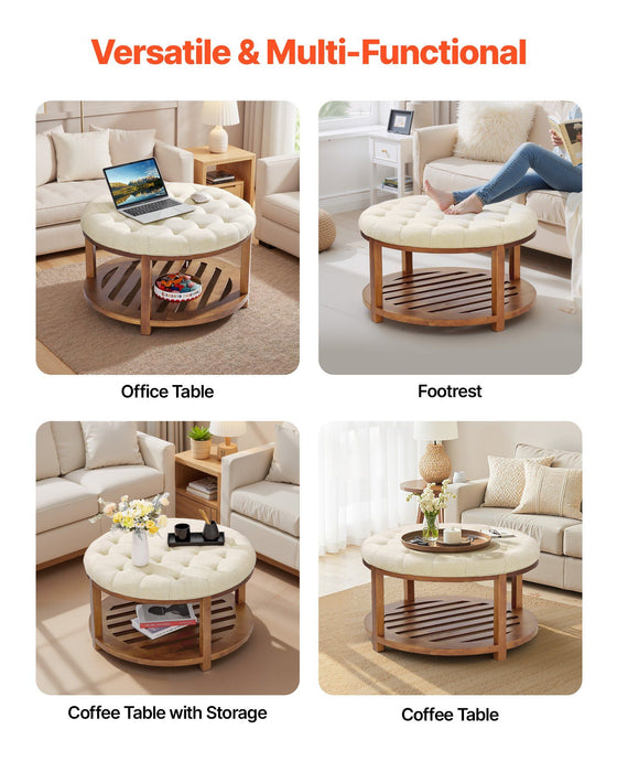 Large Round Ottoman Coffee Table, 81 cm Tufted Coffee Table with Solid Wood Shelf Storage, Linen Solid Upholstered Footrest Ottoman for Bedroom Living Room, 350 LBS, Linen Color