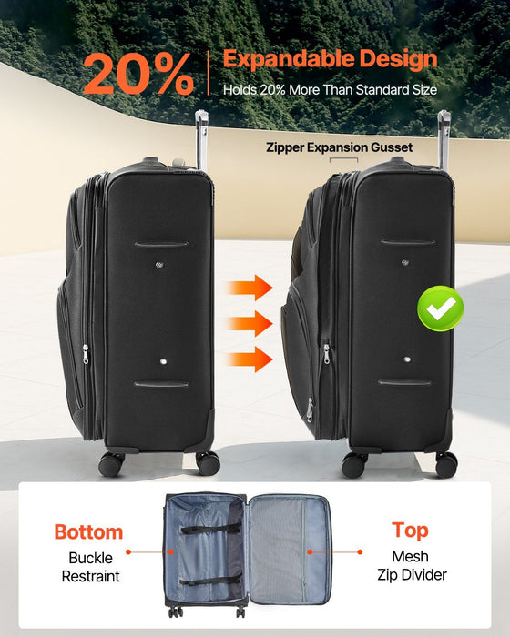 Softside Expandable Luggage with Spinner Wheels, 71 cm Softside Checked Large Luggage, Lightweight Checked Suitcase with Expandable Zippered Pocket and TSA Lock, Black