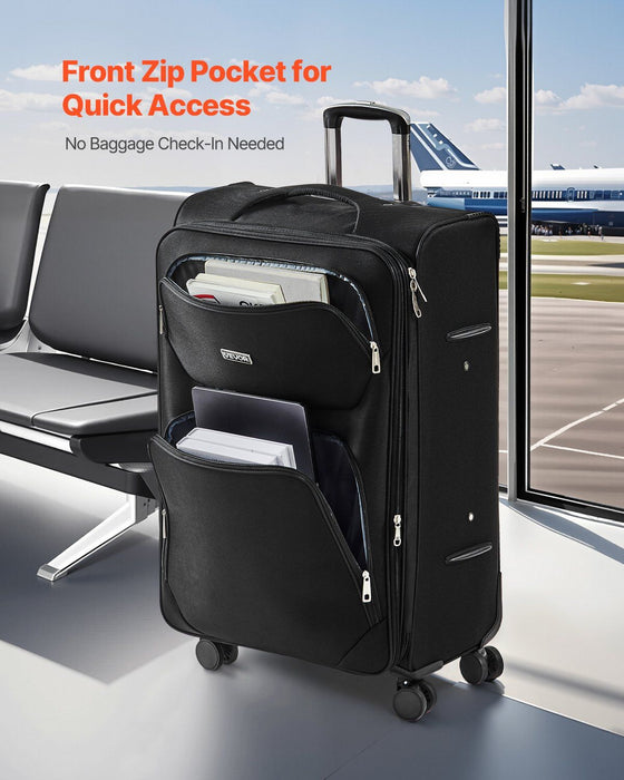 Softside Expandable Luggage with Spinner Wheels, 71 cm Softside Checked Large Luggage, Lightweight Checked Suitcase with Expandable Zippered Pocket and TSA Lock, Black
