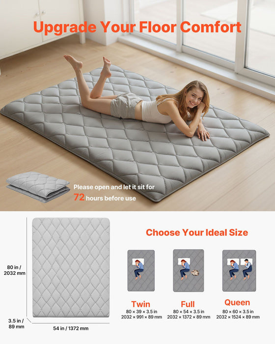 Japanese Tatami Mat, Full Size Foldable Japanese Tatami Mattress, Futon Mattress with Storage Bag & Fastener, 9-Layer Floor Mat for Sleeping, Dorm, Meditation, Yoga, 2032 x 1372 x 89 mm, Gray
