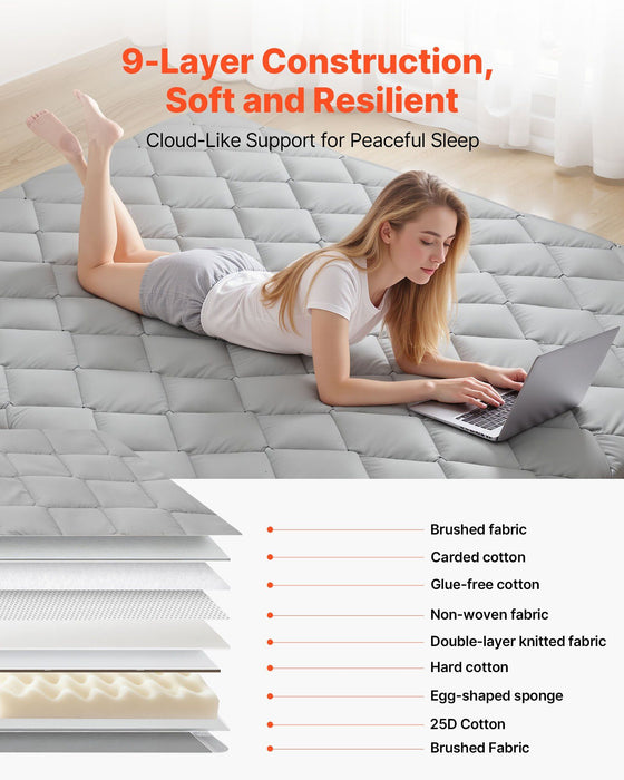 Japanese Tatami Mat, Queen Size Foldable Japanese Tatami Mattress, Futon Mattress with Storage Bag & Fastener, 9-Layer Floor Mat for Sleeping, Dorm, Meditation, Yoga, 2032 x 1524 x 63.5 mm, Gray