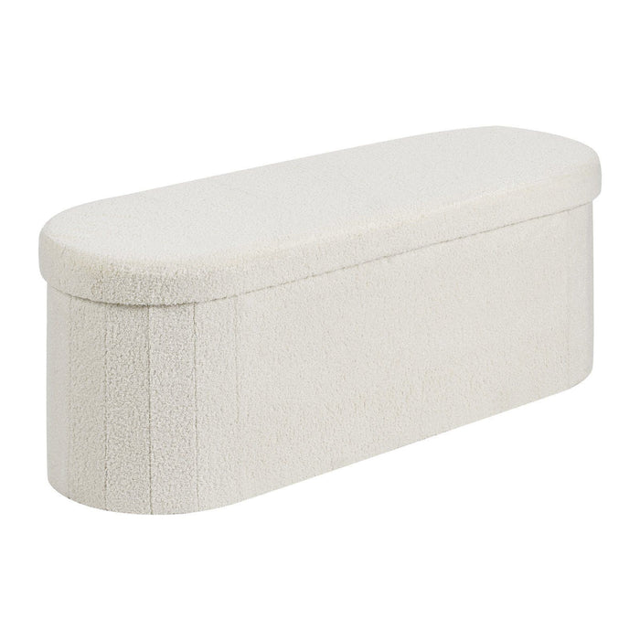 Oval Storage Ottoman Bench, Foldable Teddy Fleece End of Bed Bench, Folding Upholstered Bed Ottoman Chest with Large Storage Space, Supports 660 lbs, for Living Room, Bedroom, Entryway, Beige