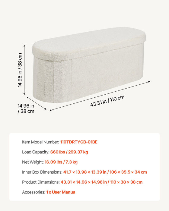 Oval Storage Ottoman Bench, Foldable Teddy Fleece End of Bed Bench, Folding Upholstered Bed Ottoman Chest with Large Storage Space, Supports 660 lbs, for Living Room, Bedroom, Entryway, Beige