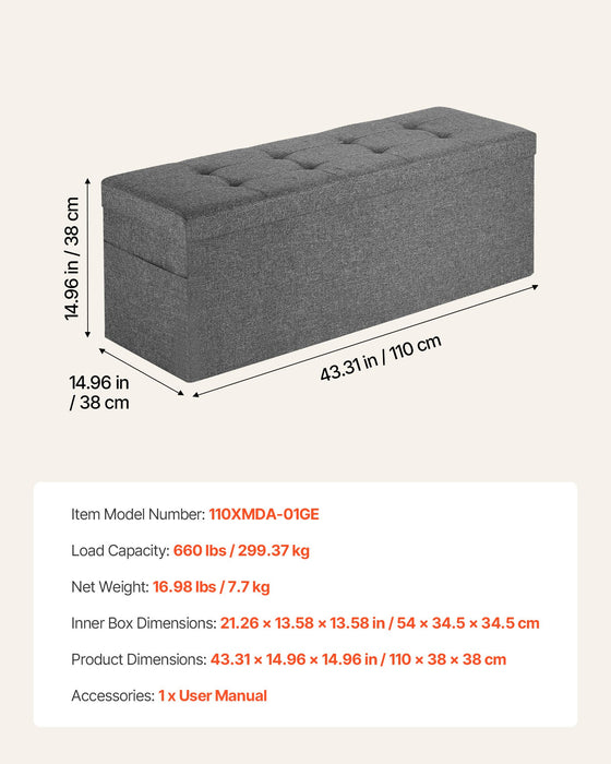 VEVOR Foldable Storage Ottoman Bench, End of Bed Bench with Side Bags, Folding Upholstered Storage Chest Supports 660 lbs, Linen Bed Ottoman with Large Space for Living Room, Bedroom, Entryway, Grey