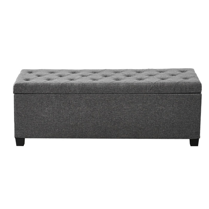 Storage Ottoman Bench, Button-Tufted End of Bed Bench with Side Bags, Flip-up Upholstered Storage Chest with Metal Frame, Linen Bed Ottoman for Living Room, Bedroom, Entryway, Office, Grey