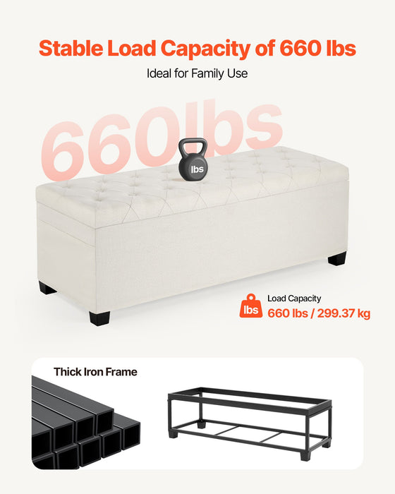 VEVOR Storage Ottoman Bench, Button-Tufted End of Bed Bench with Side Bags, Flip-up Upholstered Storage Chest with Metal Frame, Linen Bed Ottoman for Living Room, Bedroom, Entryway, Office, Beige