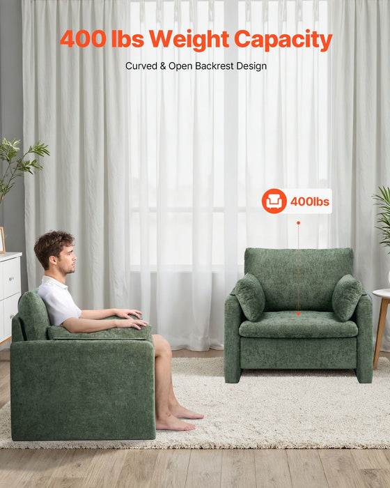 Green Accent Chair, Modern Upholstered Accent Chair with Armrests, Cloth Arm Chairs with Thick Cushion and Arched Backrest, Single Fabric Armchair for Living Room, Bedroom, Study, Office