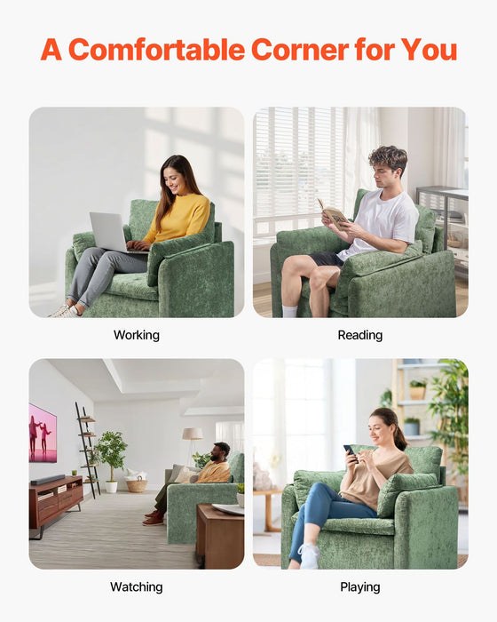Green Accent Chair, Modern Upholstered Accent Chair with Armrests, Cloth Arm Chairs with Thick Cushion and Arched Backrest, Single Fabric Armchair for Living Room, Bedroom, Study, Office