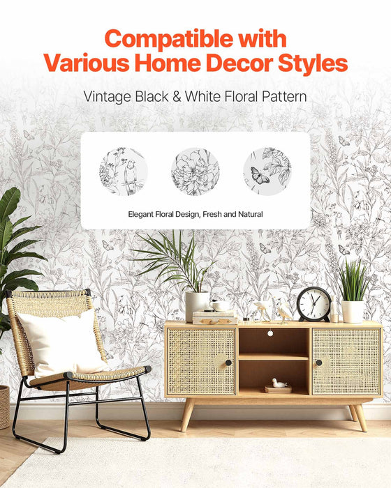 VEVOR Peel and Stick Wallpaper, 45cm x 10m Contact Paper White Line Art Botanical Floral Waterpoof Self Adhesive, Easy to Clean Wall Decorative Vinyl Roll for Bedroom Kitchen Office Bathroom
