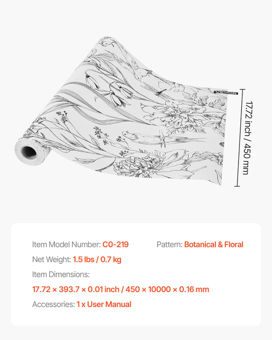 VEVOR Peel and Stick Wallpaper, 45cm x 10m Contact Paper White Line Art Botanical Floral Waterpoof Self Adhesive, Easy to Clean Wall Decorative Vinyl Roll for Bedroom Kitchen Office Bathroom
