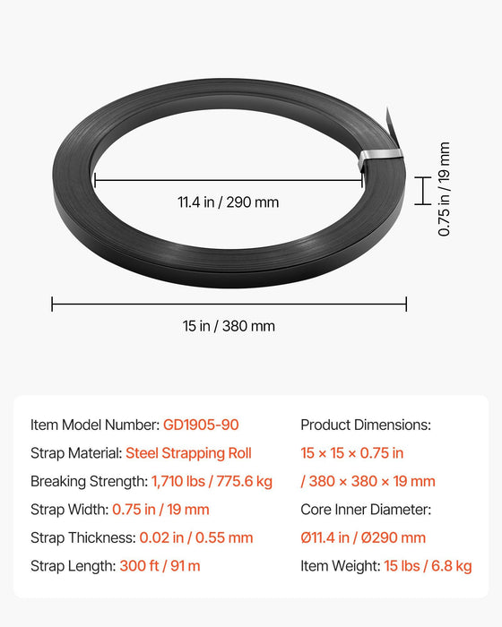 Steel Strapping Coil, 19 mm x 0.55 mm x 91 m, Metal Strapping Banding Roll Withstands Harsh Environment, 775.6 kg Break Strength, Heavy Duty Banding Pallet Strap Coil for Pallet Packing
