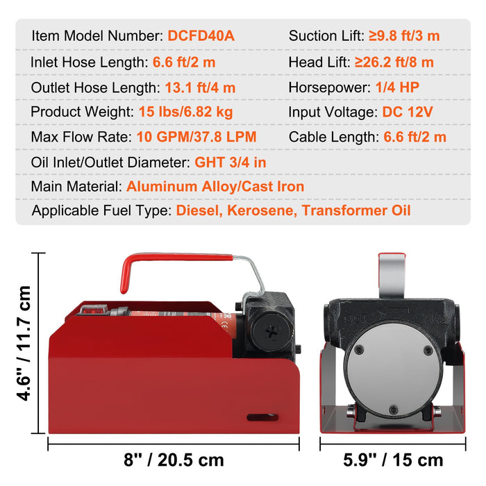 VEVOR Fuel Transfer Pump, 12V DC, 10 GPM, 8 m Lift, Portable Electric Diesel Transfer Extractor Pump Kit with Automatic Shut-off Nozzle, Delivery & Suction Hose for Diesel, Kerosene, Transformer Oil