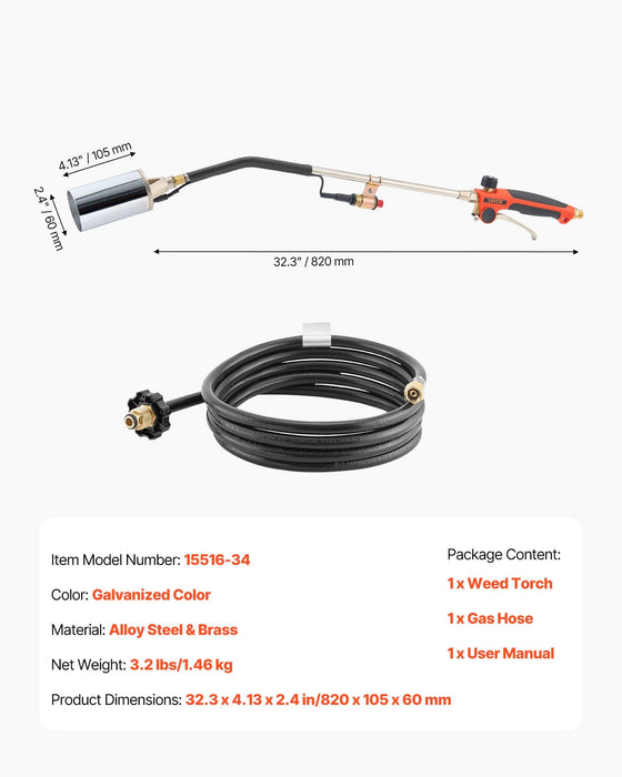 VEVOR Propane Weed Torch Burner Ice Snow Melter 2400000 BTU 3 m Hose Portable