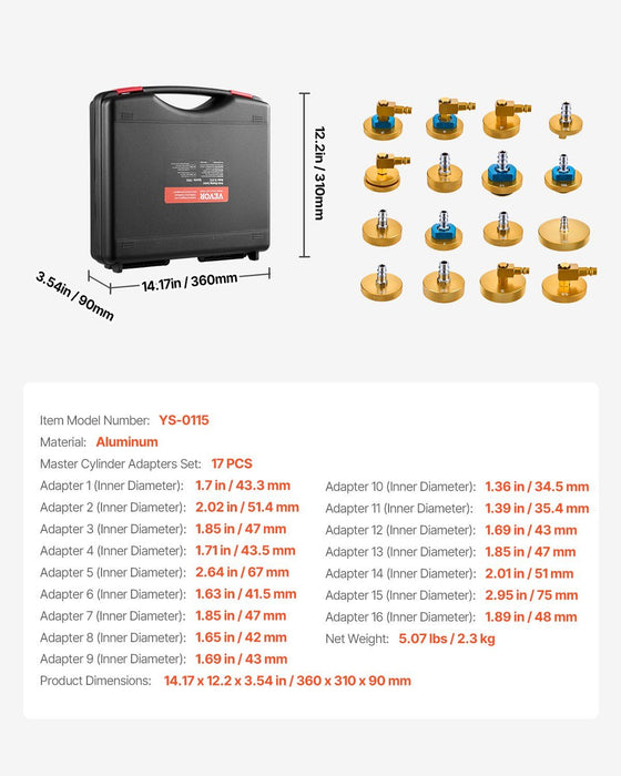 Brake Master Bleeder Kit, 17 Pcs, Professional Brake Bleeder Adapter Set with Complete Kit & Handle, Durable Brake Bleeder Adapter for Brake Fluid Filling Fit for Most New & Old Vehicles