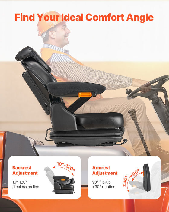 VEVOR Universal Forklift Seat, Tractor Suspension Seat with Adjustable Back, Armrest, Headrest & Safety Belt, Secure Fold Down Tractor Seat with Micro Switch, Lawnmower Seat for Skid Loader Bulldozer